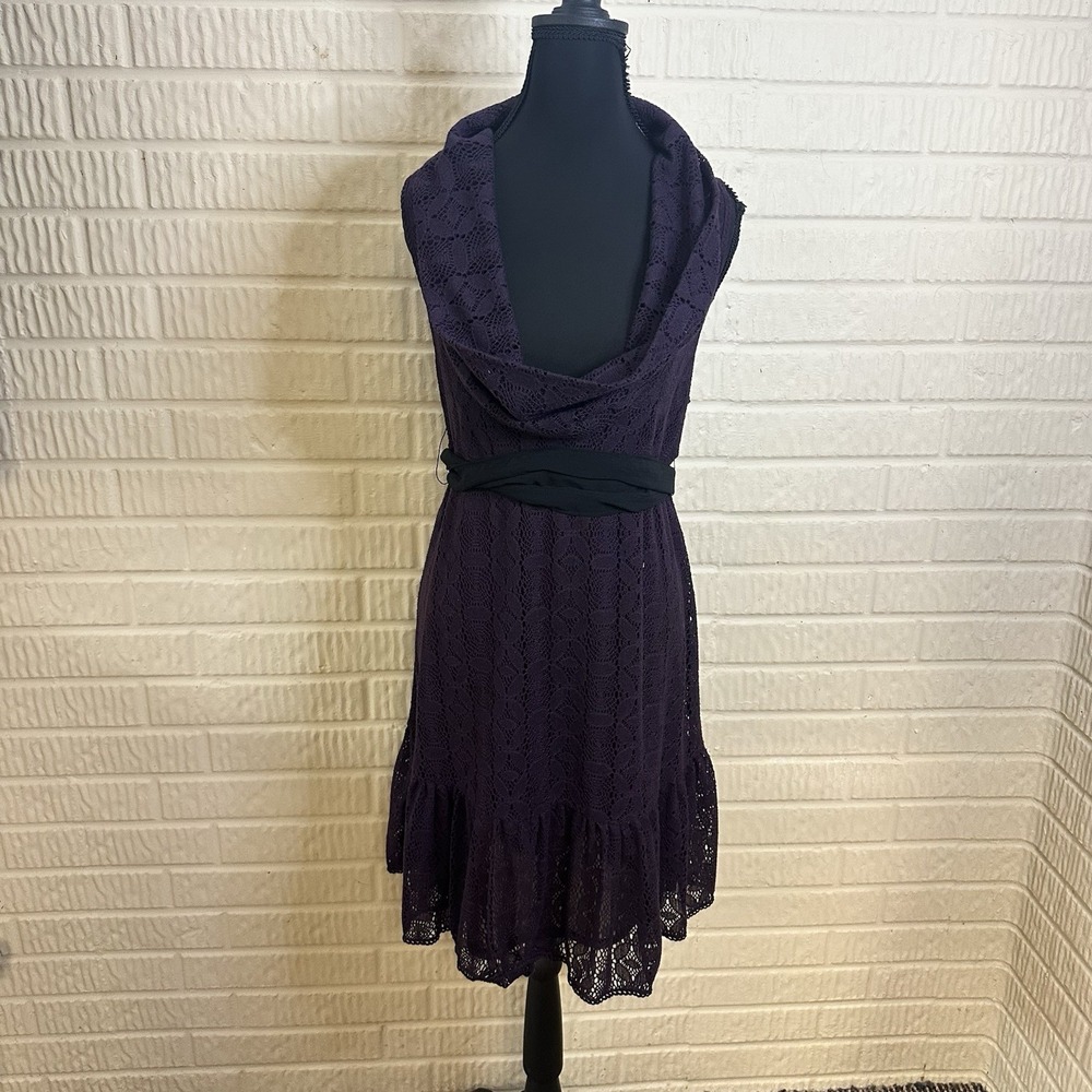 Free People Plunging Cowl Neck Floral Lace Dress Burgundy/Purple Belted Size 10